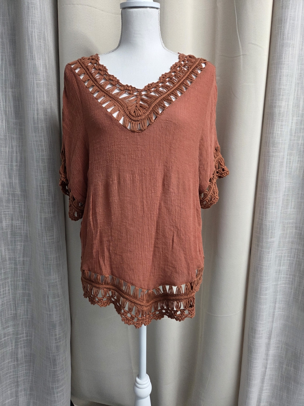 Daytrip Rust Crochet V-Neck Boho Blouse Summer Y2k Size M